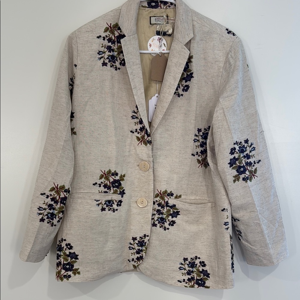 Classic Cream and Blue Blazer with Elegant Floral Design